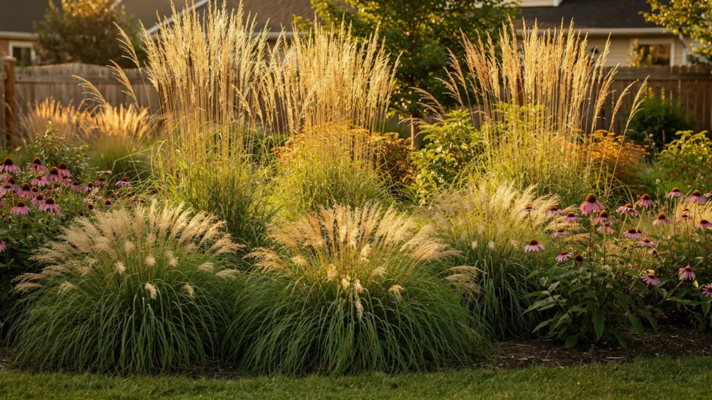 30.Ornamental grass landscaping with Karl Foerster feather reed grass, fountain grass, and purple coneflowers in a garden bed ornamental grass landscaping ideas