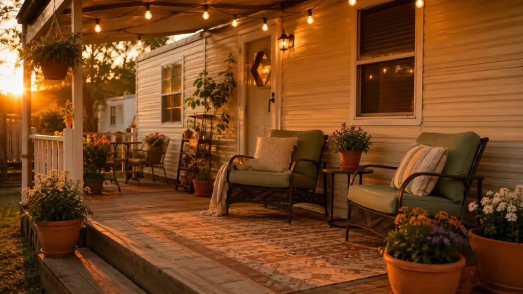 Cozy mobile home patio with string lights, outdoor rug, and potted plants at sunset