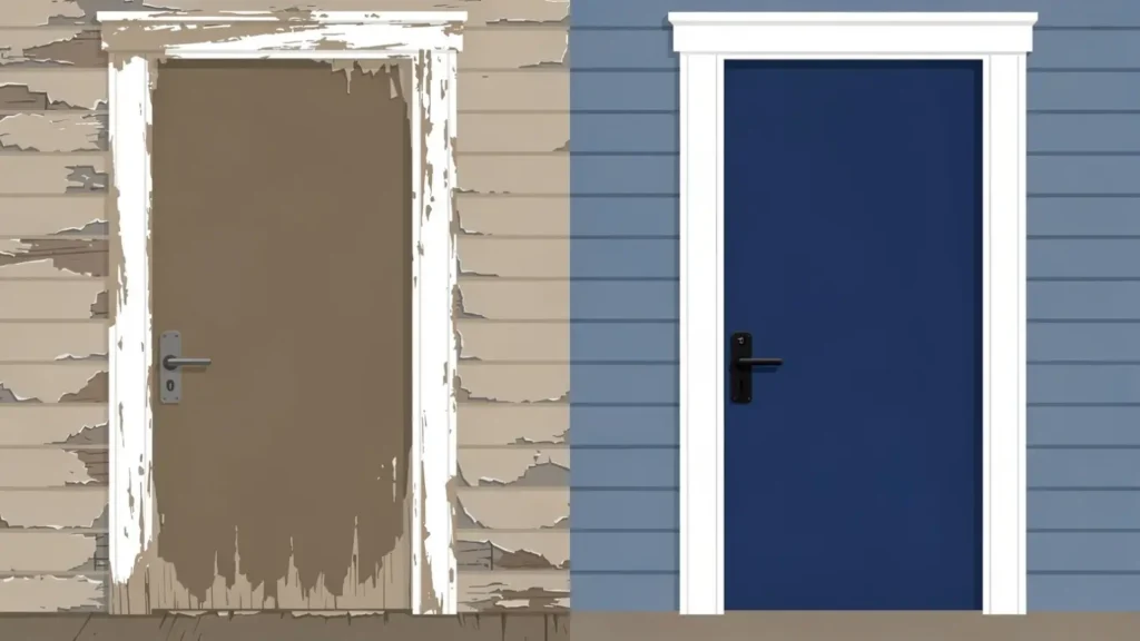 Before and after comparison of a mobile home door painted navy blue with white trim.