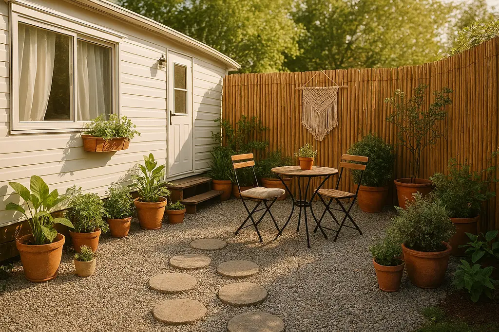 Budget mobile home patio decorated with bistro furniture, gravel, stepping stones, and bamboo privacy screen