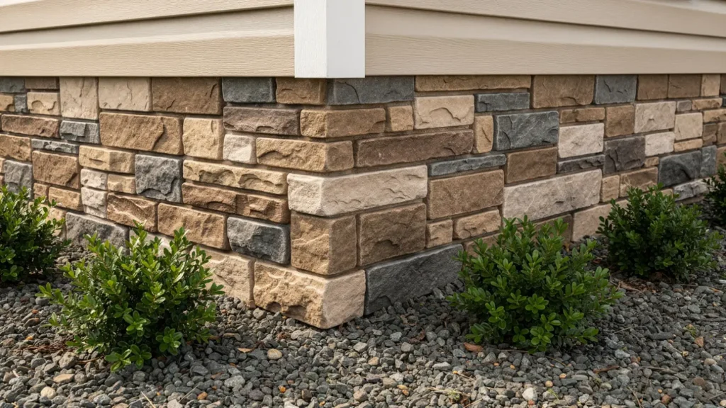 Close-up of decorative faux stone skirting on a manufactured home foundation.