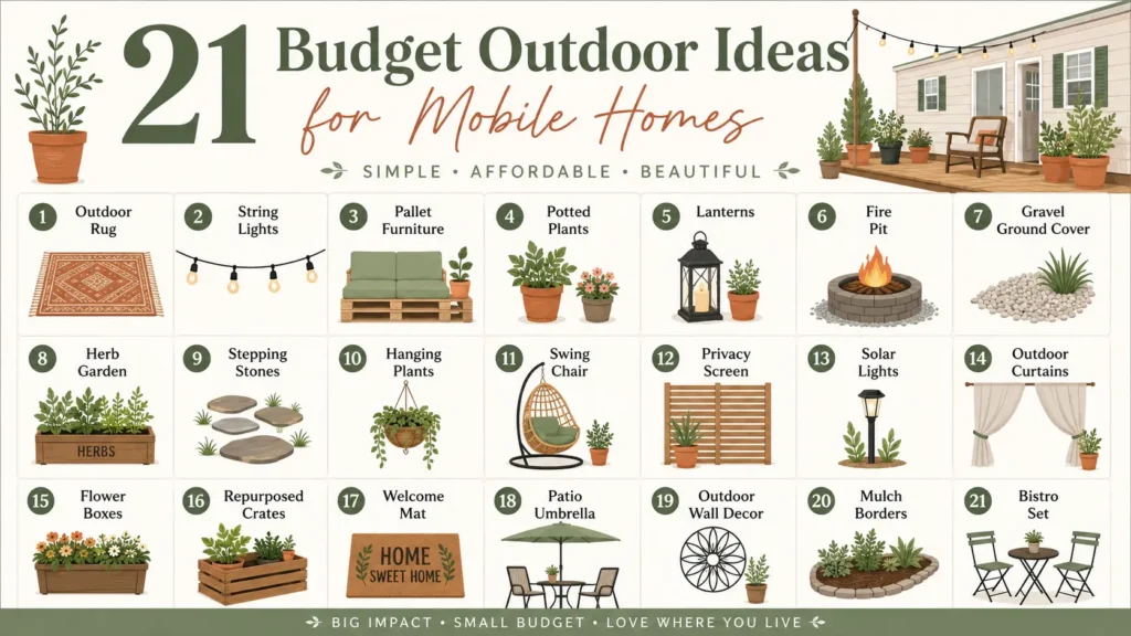 Infographic showing 21 affordable outdoor space ideas for mobile homes including string lights, pallet furniture, and container gardens