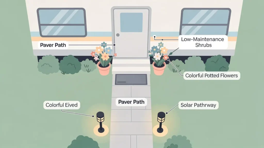Infographic layout of budget-friendly landscaping ideas for a mobile home entrance.