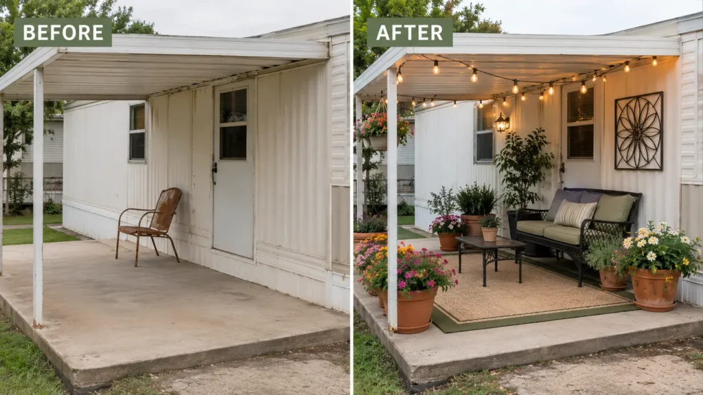 33.Before and after transformation of a mobile home porch using budget-friendly outdoor decor ideas