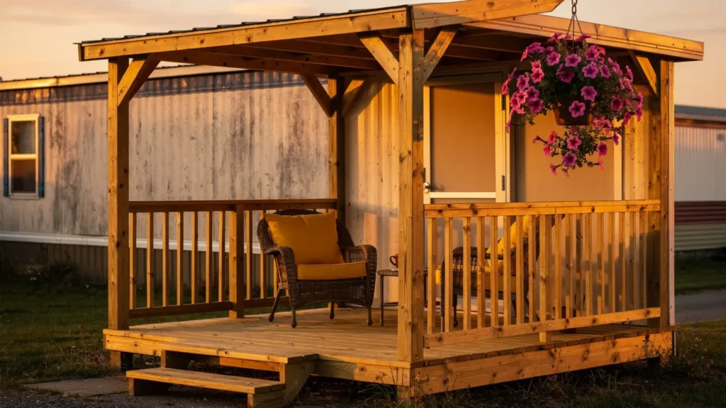 Small wooden deck on a mobile home with a cozy chair and flowers.