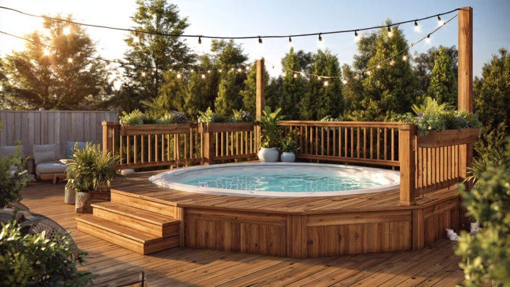 Wraparound cedar wood deck surrounding an above ground pool with string lights and outdoor furniture — above ground pool deck ideas for backyard entertaining