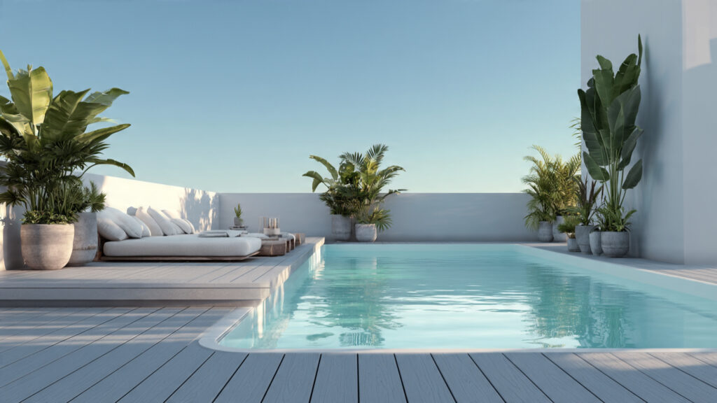 Modern above ground pool ideas with a floating composite deck, tropical potted plants, and minimal furniture in afternoon light — low maintenance pool deck design