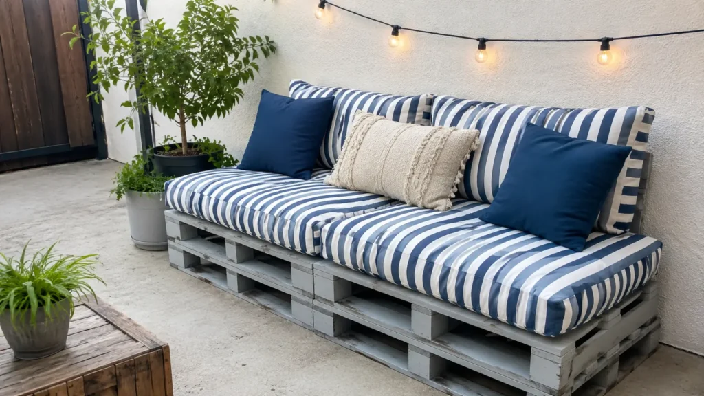 30.DIY pallet sofa with striped cushions on a small mobile home outdoor patio